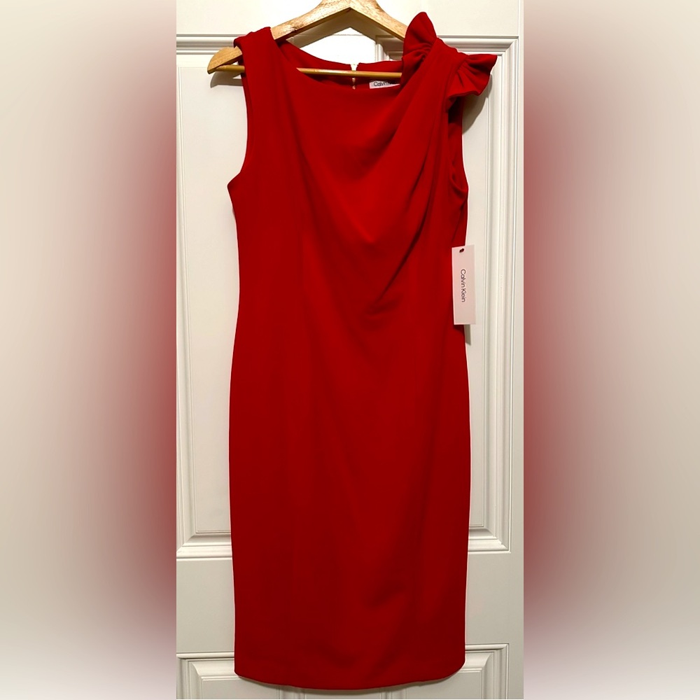 NWT Calvin Klein Women's Boat-Neck Sheath W/Shoulder Bow Dress - Size 6 - Picture 9 of 11